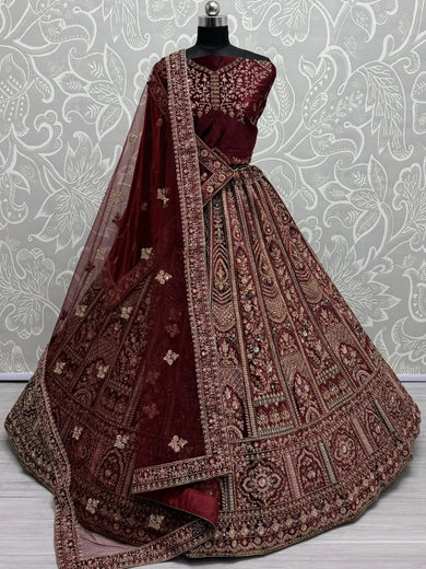 Gorgeous Maroon Thread Work Velvet Lehenga Choli With Double Dupatta - Ethnic Plus In