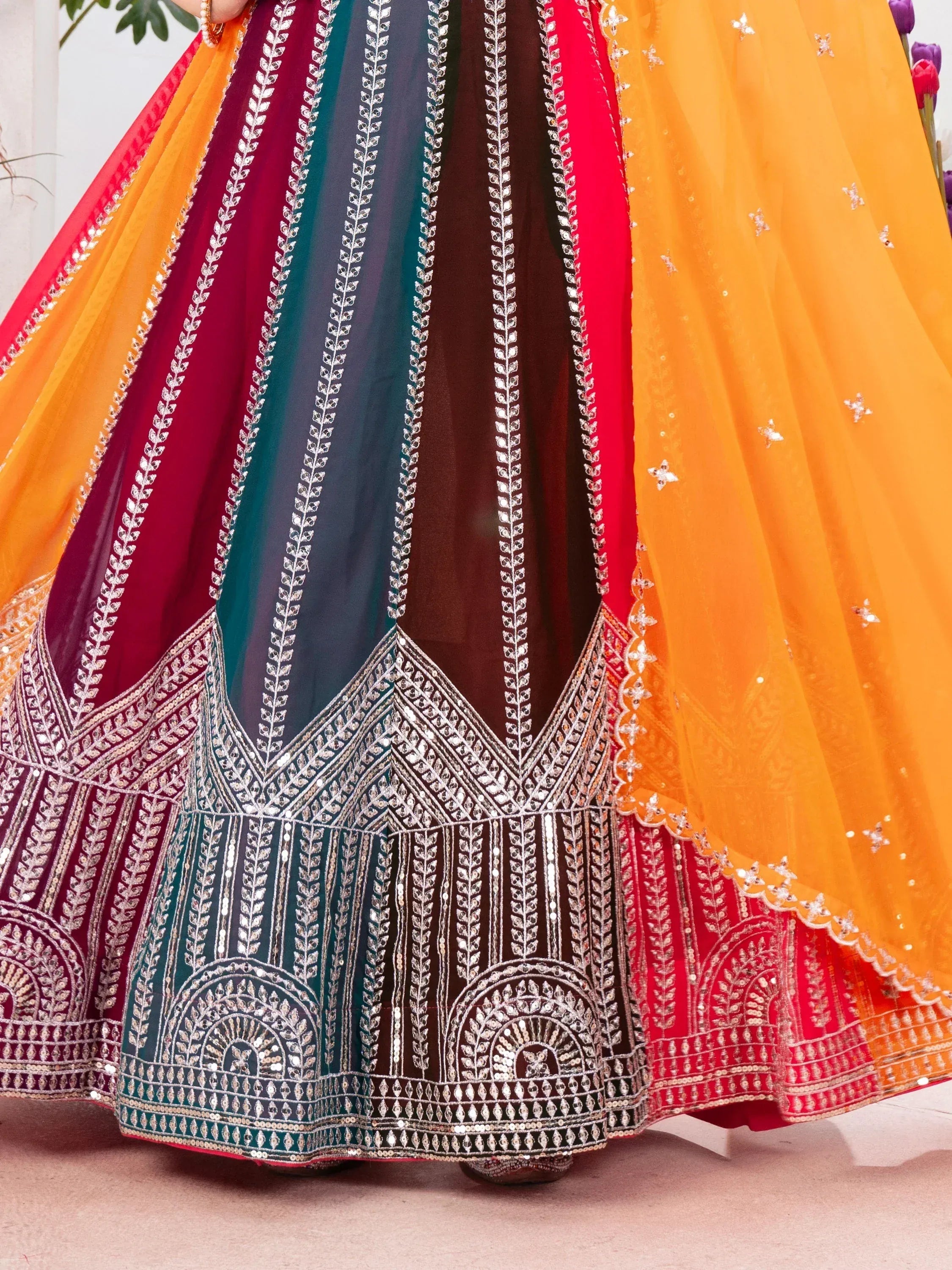 Colorful embroidered lehenga choli with sequin work, perfect for Indian ethnic wear occasions