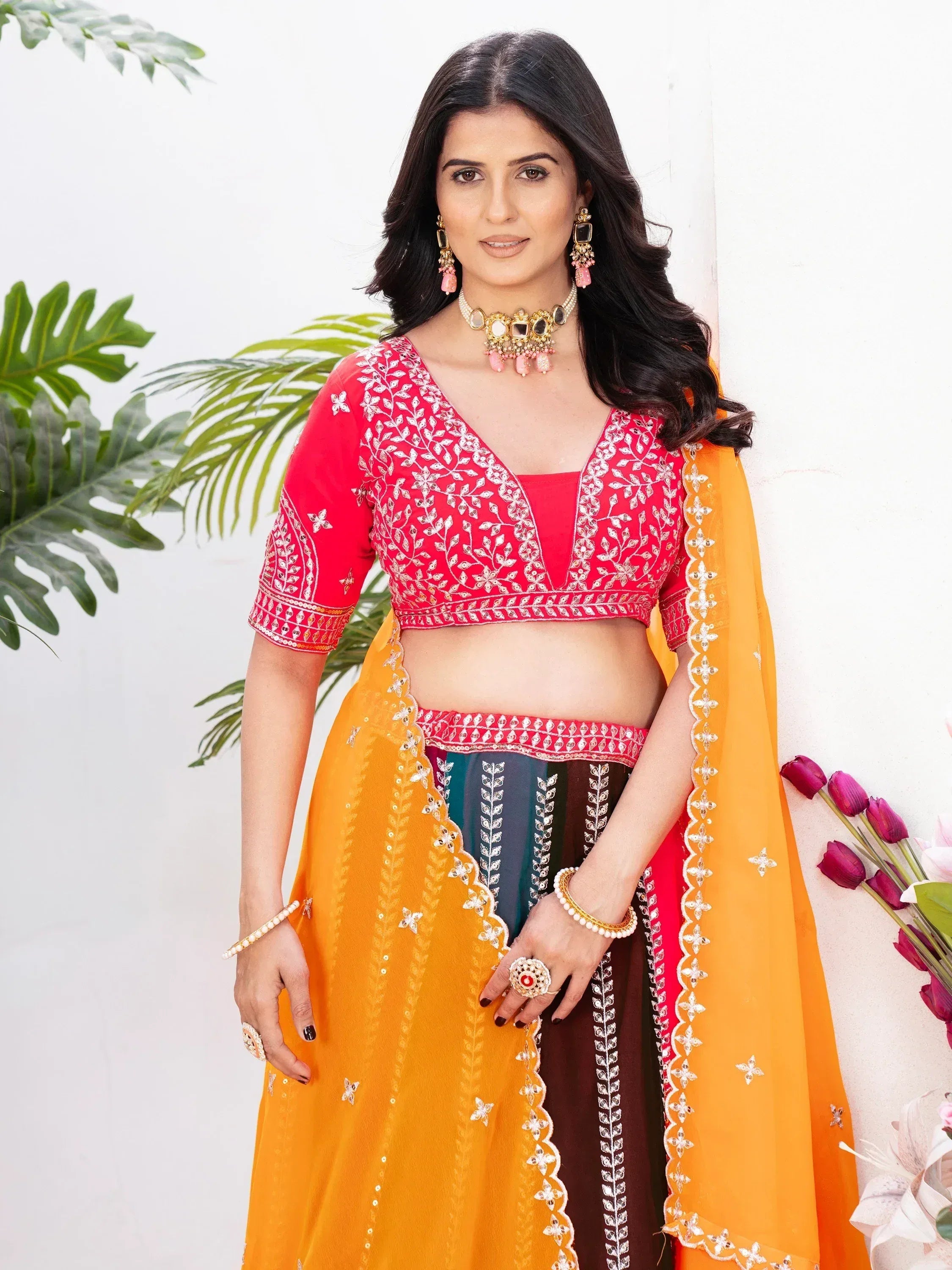 Red embroidered blouse with yellow dupatta, Indian ethnic wear for women
