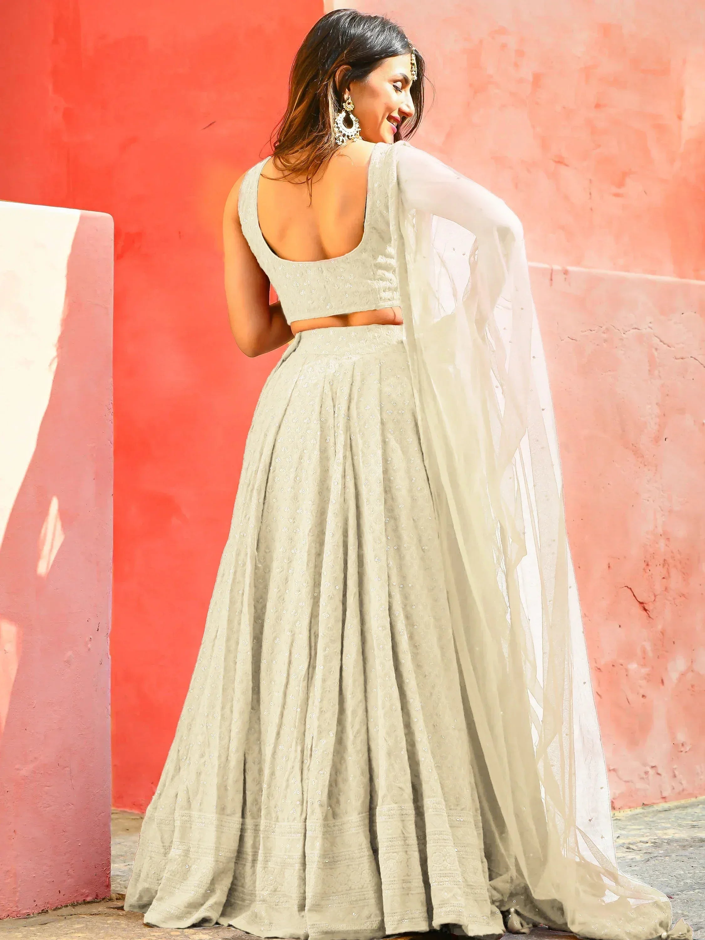 Elegant grey lehenga choli with sheer dupatta, perfect for Indian ethnic occasions