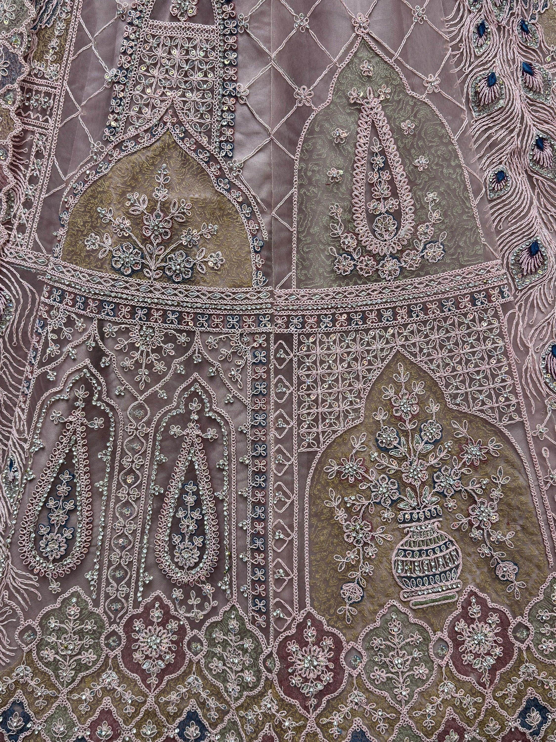 Luxury Indian ethnic wear with intricate peacock and floral embroidery, perfect for designer lehenga or saree.
