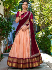 Gorgeous Peach Zari Weaving Silk Onam Special Half Saree Lehenga - Ethnic Plus In