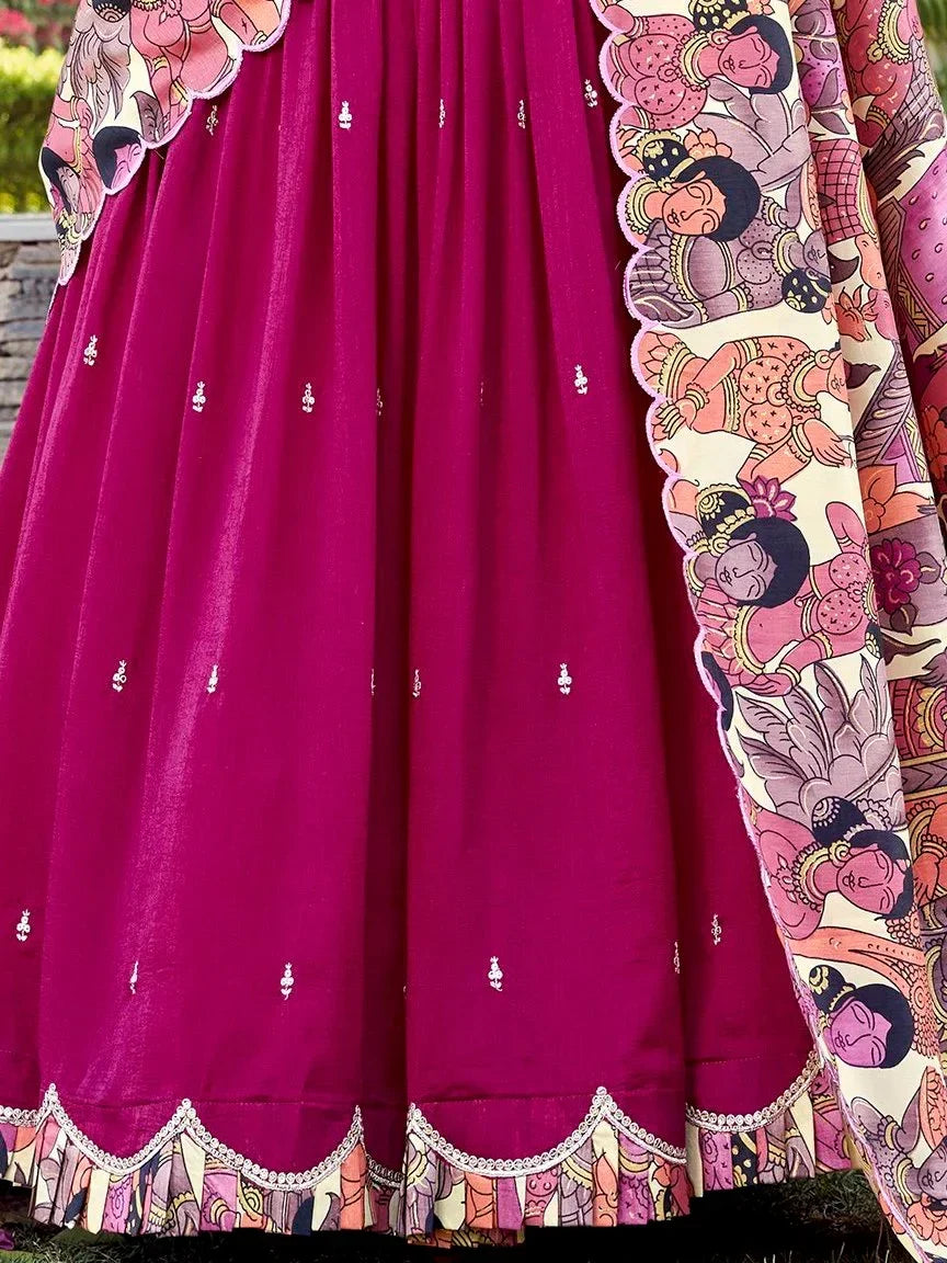Fuchsia ethnic lehenga with printed border and delicate embroidery, perfect for Indian festive wear