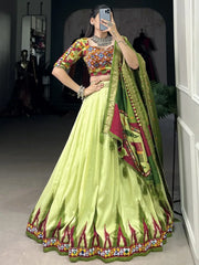 Gorgeous Pista Green Gamthi Work Tussar Silk Navratri Lehenga Choli - Ethnic Plus In