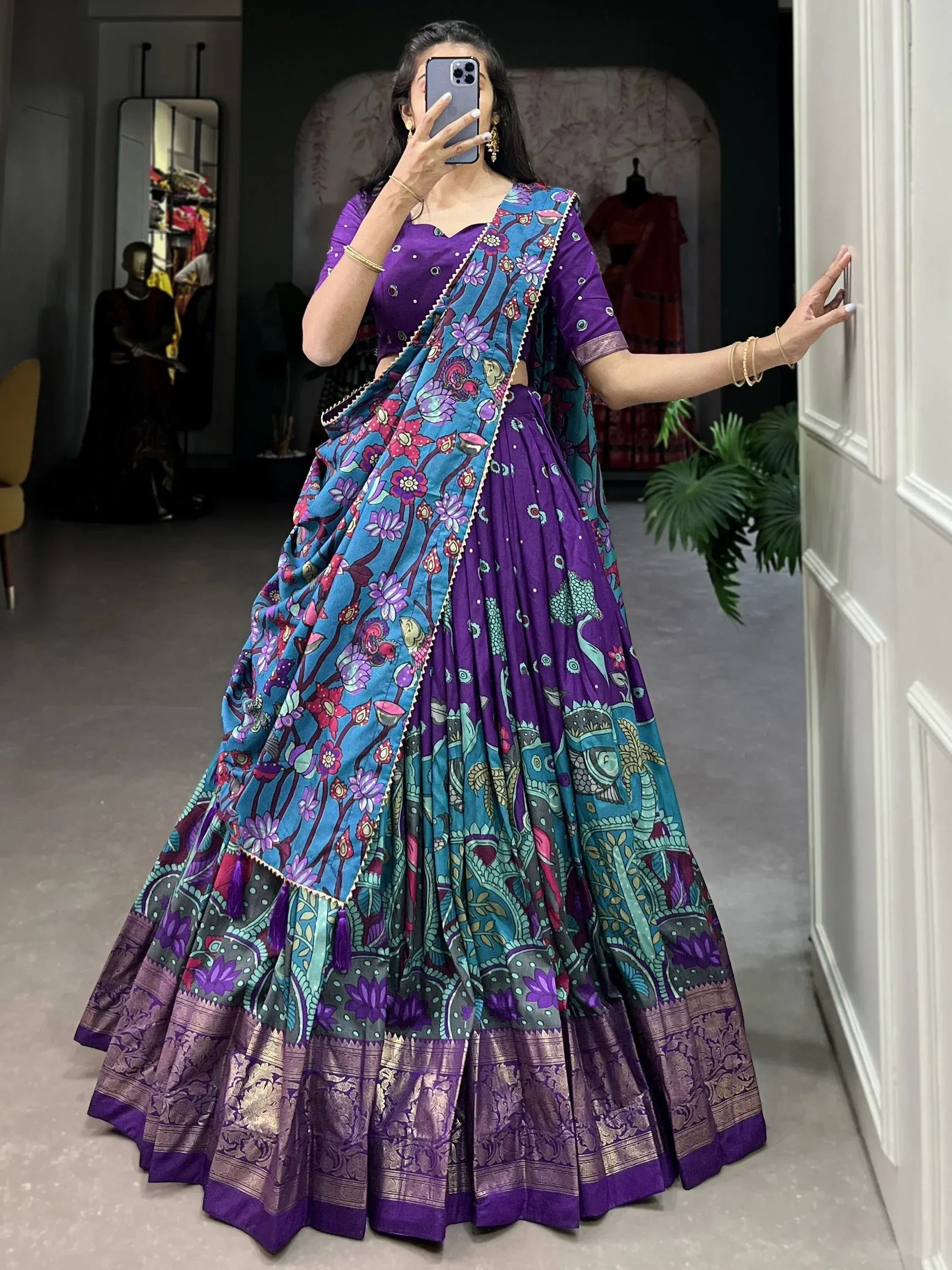 Purple and blue floral printed lehenga choli with gold border, perfect for Indian ethnic wear occasions
