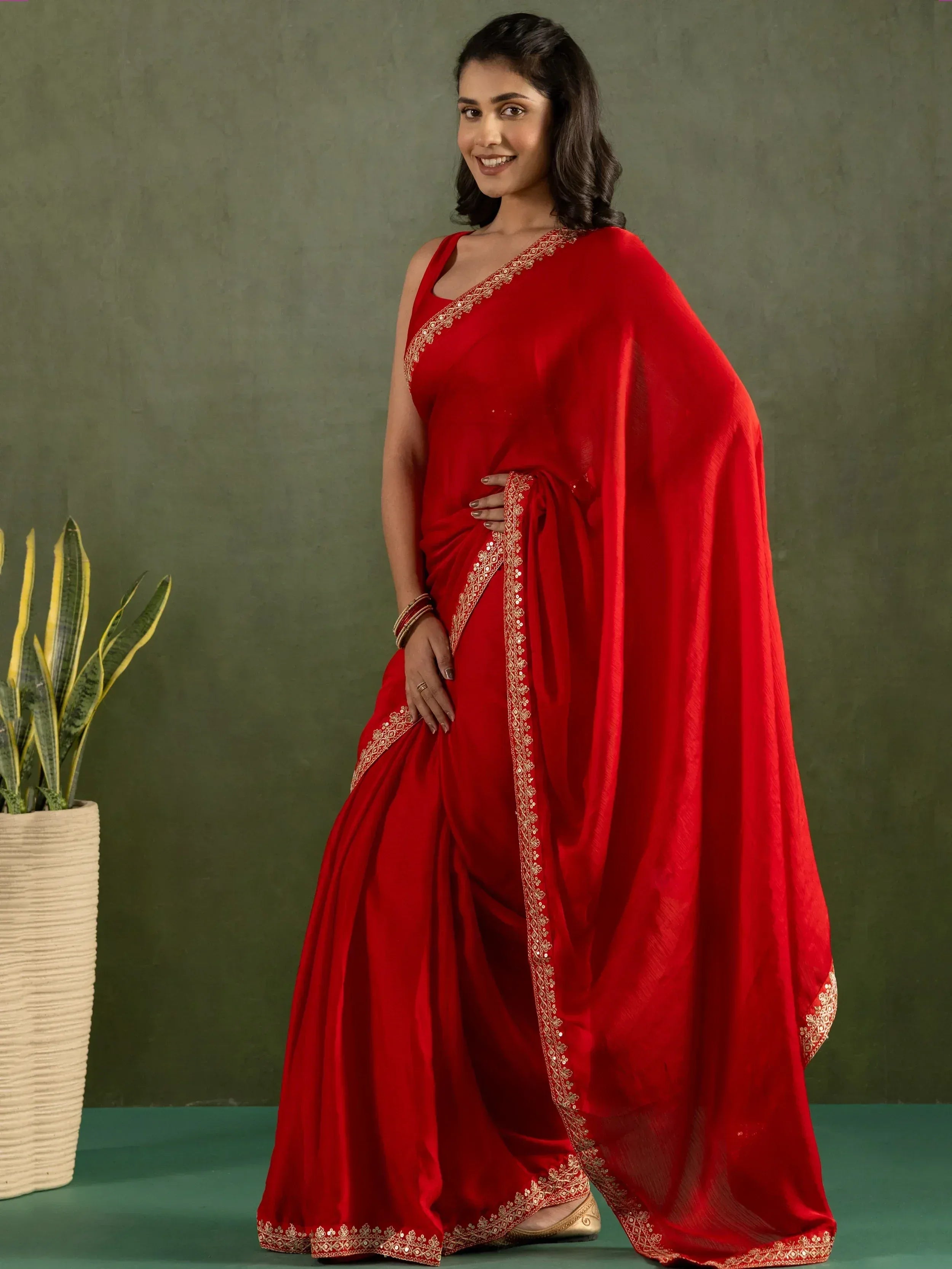 Red designer saree with gold embroidery, Indian ethnic wear for women