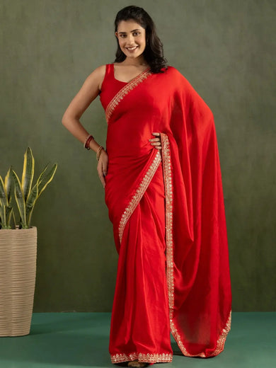 Gorgeous Red Chiffon Bridal Ready To Wear Saree - Ethnic Plus In