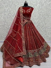 Gorgeous Red Dori Work Velvet Bridal Lehenga Choli With Dupatta - Ethnic Plus In