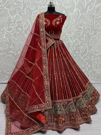 Gorgeous Red Dori Work Velvet Bridal Lehenga Choli With Dupatta - Ethnic Plus In