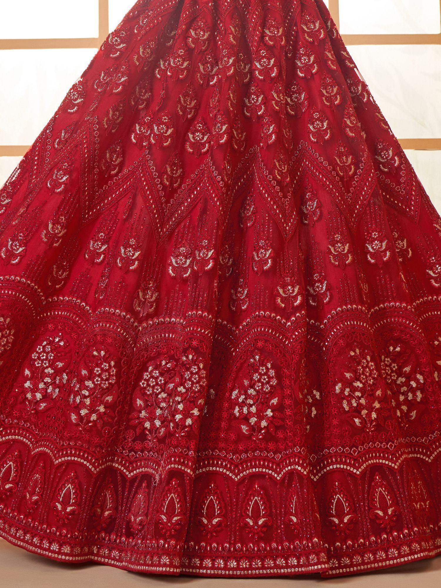 Red embroidered lehenga skirt with gold floral detailing, Indian ethnic wear