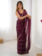 Gorgeous Wine Beads Work Chiffon Saree With Blouse - Ethnic Plus In