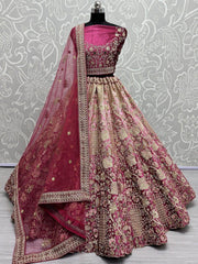 Gorgeous Wine Embroidered Velvet Bridal Lehenga Choli With Dupatta - Ethnic Plus In