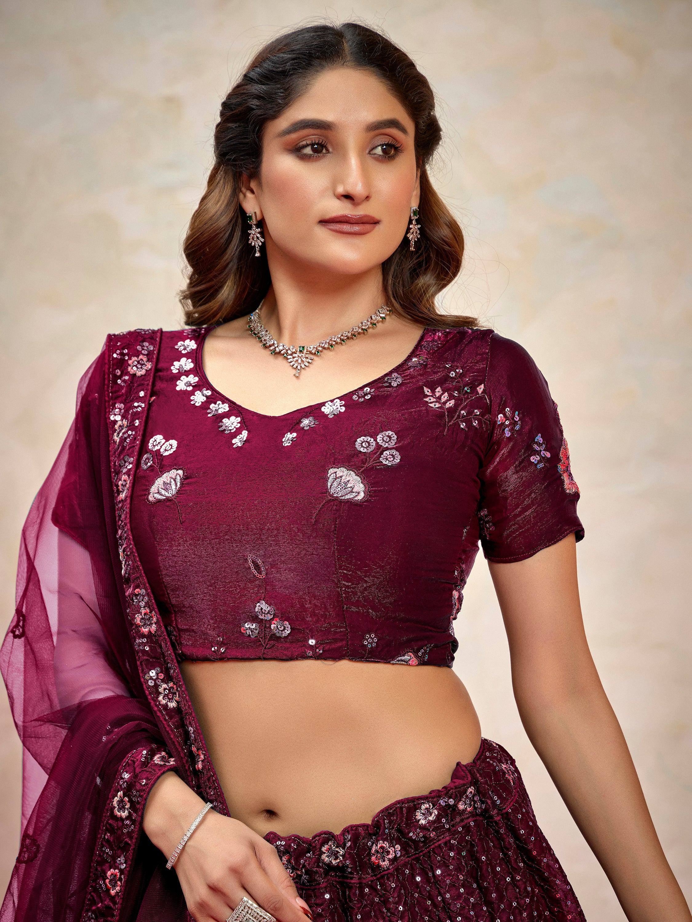 Burgundy floral embroidered lehenga choli with sheer dupatta, perfect for Indian ethnic occasions