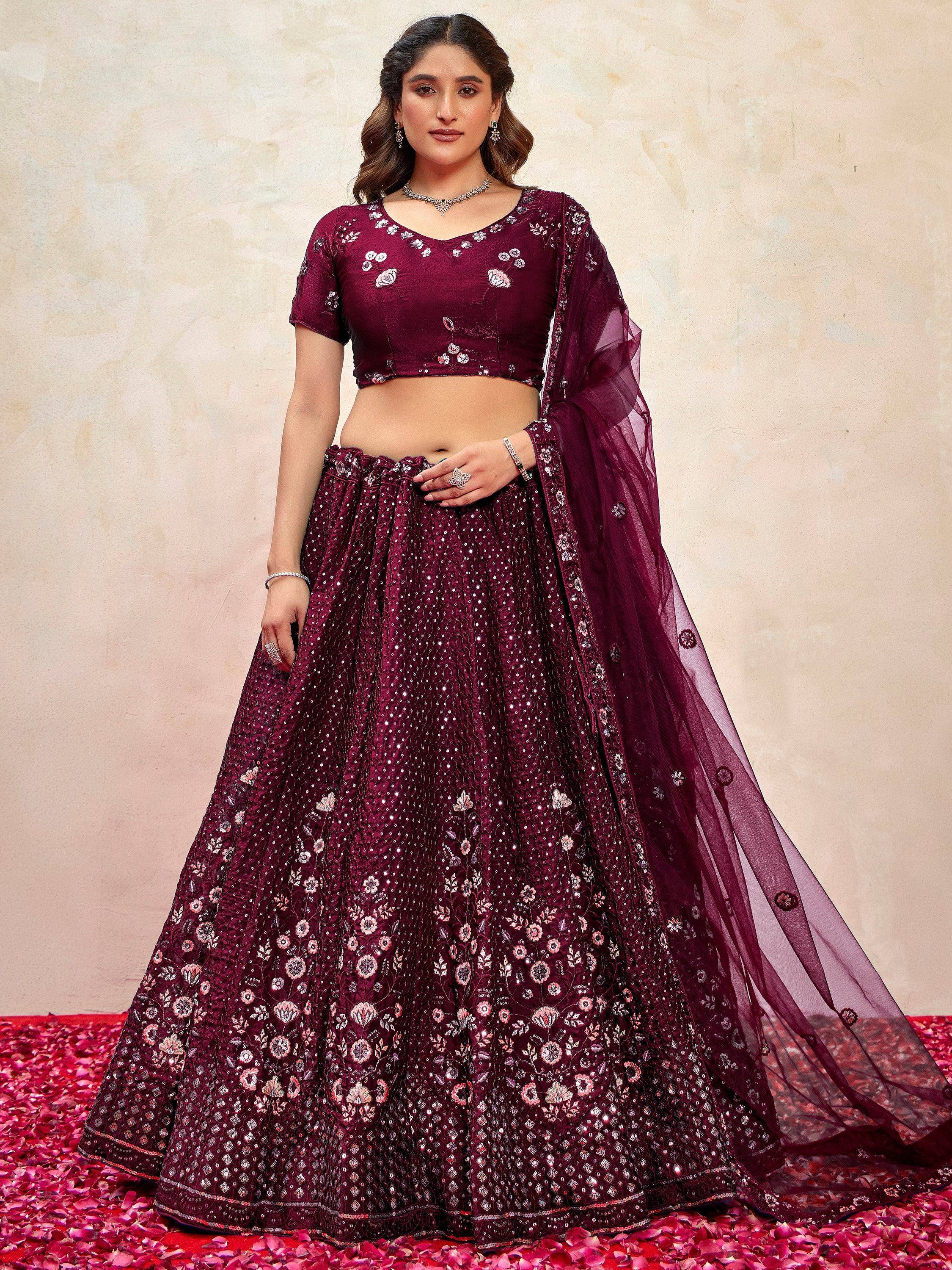 Burgundy floral embroidered lehenga choli with net dupatta, Indian ethnic wear for weddings