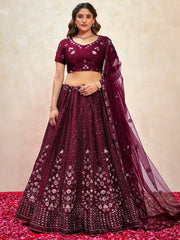 Gorgeous Wine Thread Embroidered Net Lehenga Choli With Dupatta - Ethnic Plus In