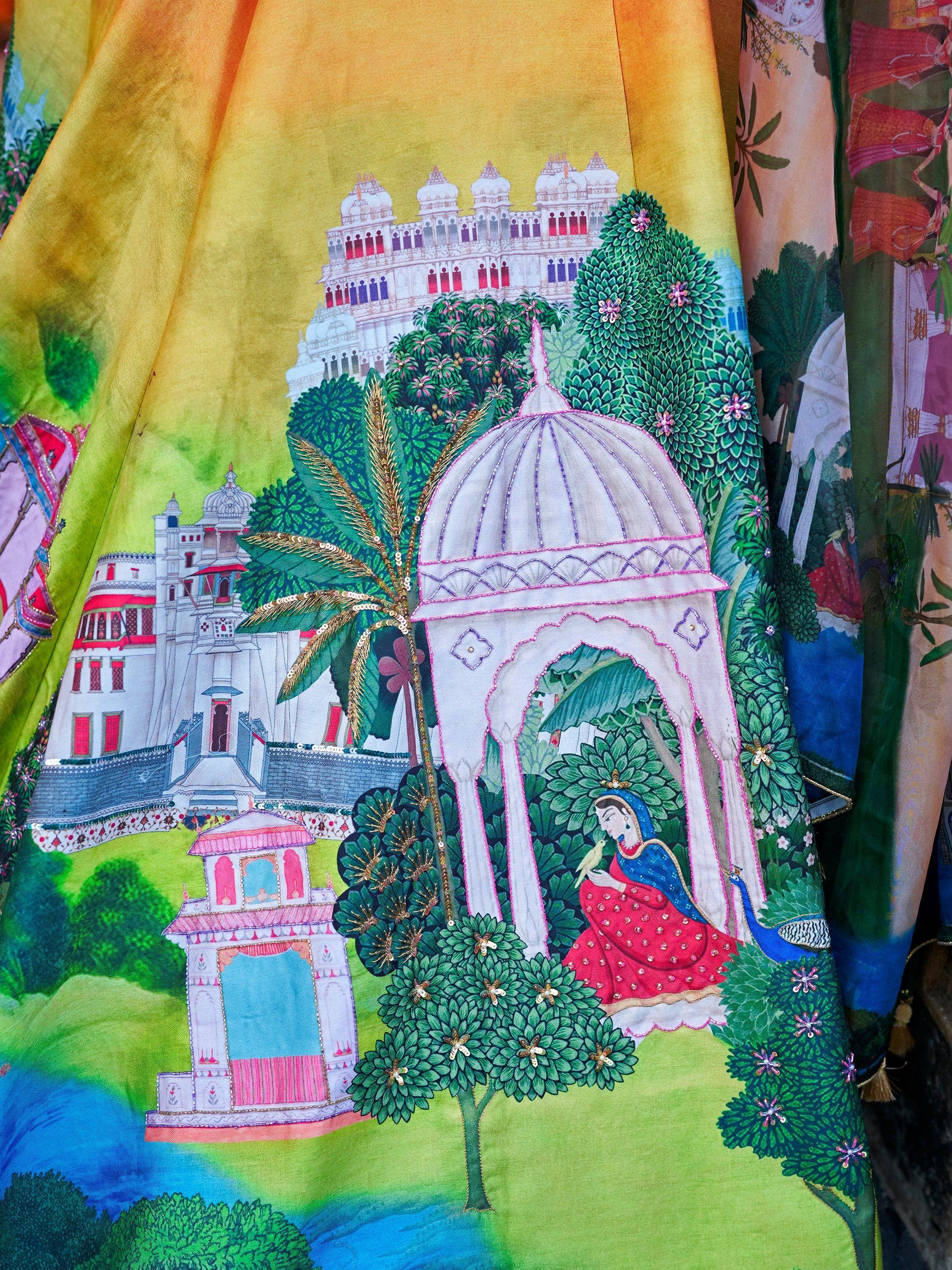 Vibrant Indian ethnic wear with palace, garden & peacock embroidery, perfect for festive occasions