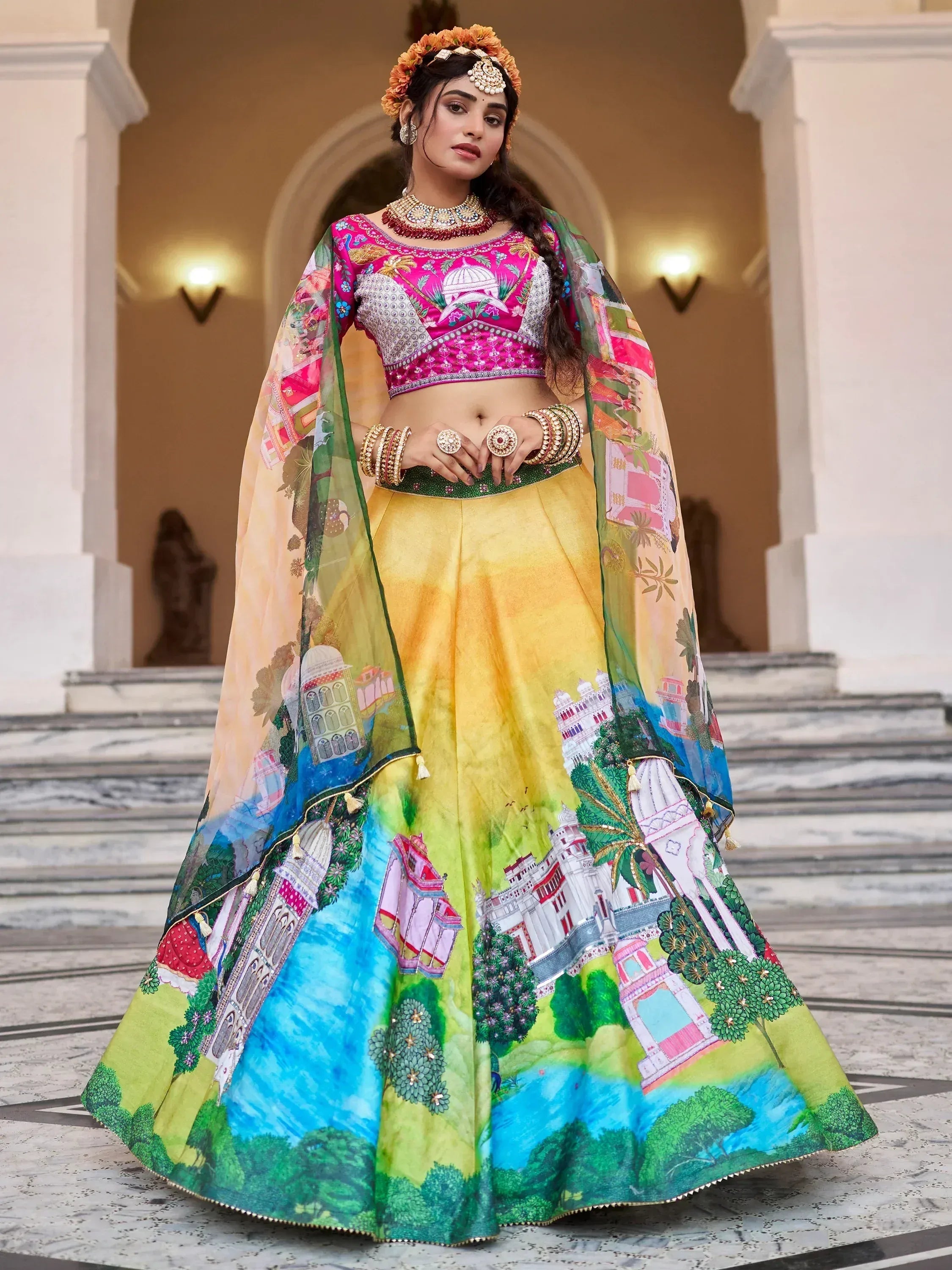 Designer lehenga choli with vibrant palace print, perfect for Indian ethnic wear events
