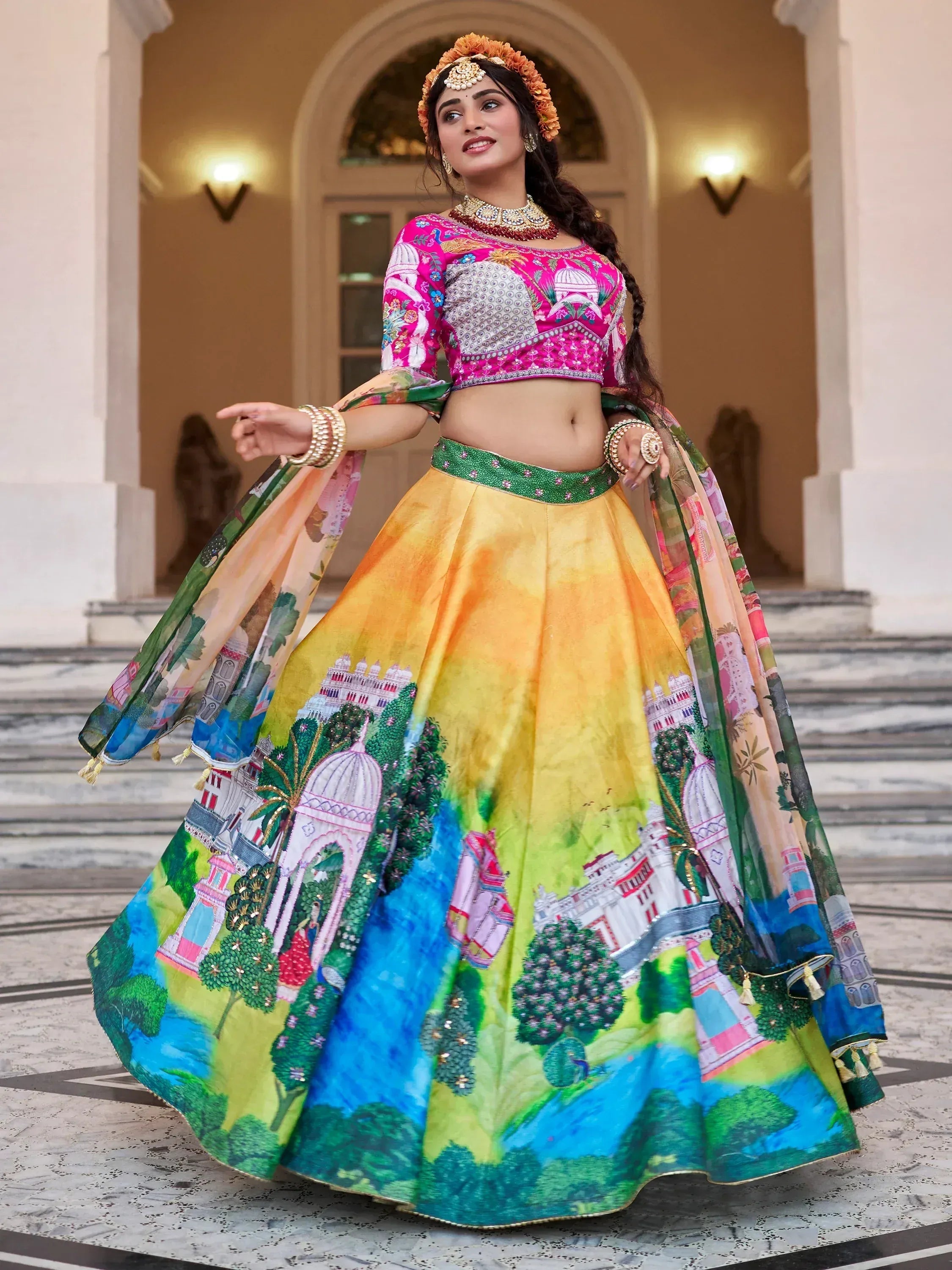 Vibrant Indian lehenga choli with palace print, perfect for festive occasions and weddings.