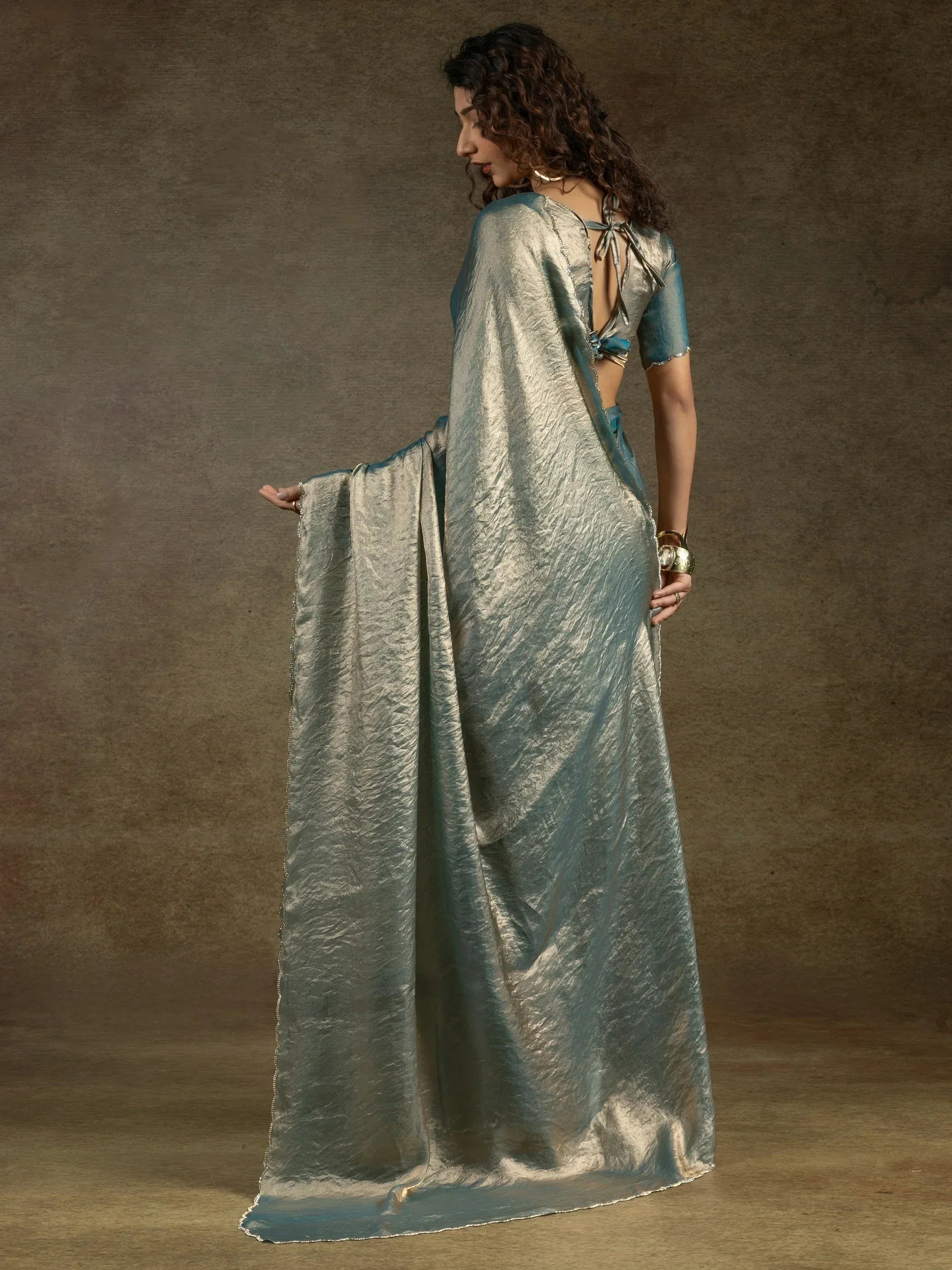 Gorgeous Dusty Blue Satin Bollywood Pre-Stitched Saree With Blouse