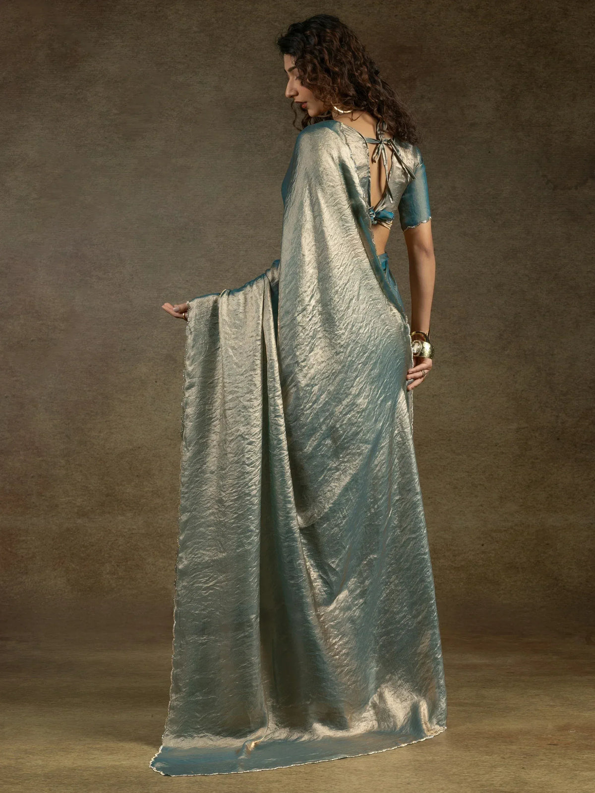 Teal metallic saree with back tie blouse, ethnic Indian wear for women