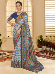 Gorgeous Sky-Blue Ikkat Printed Cotton Traditional Saree With Blouse