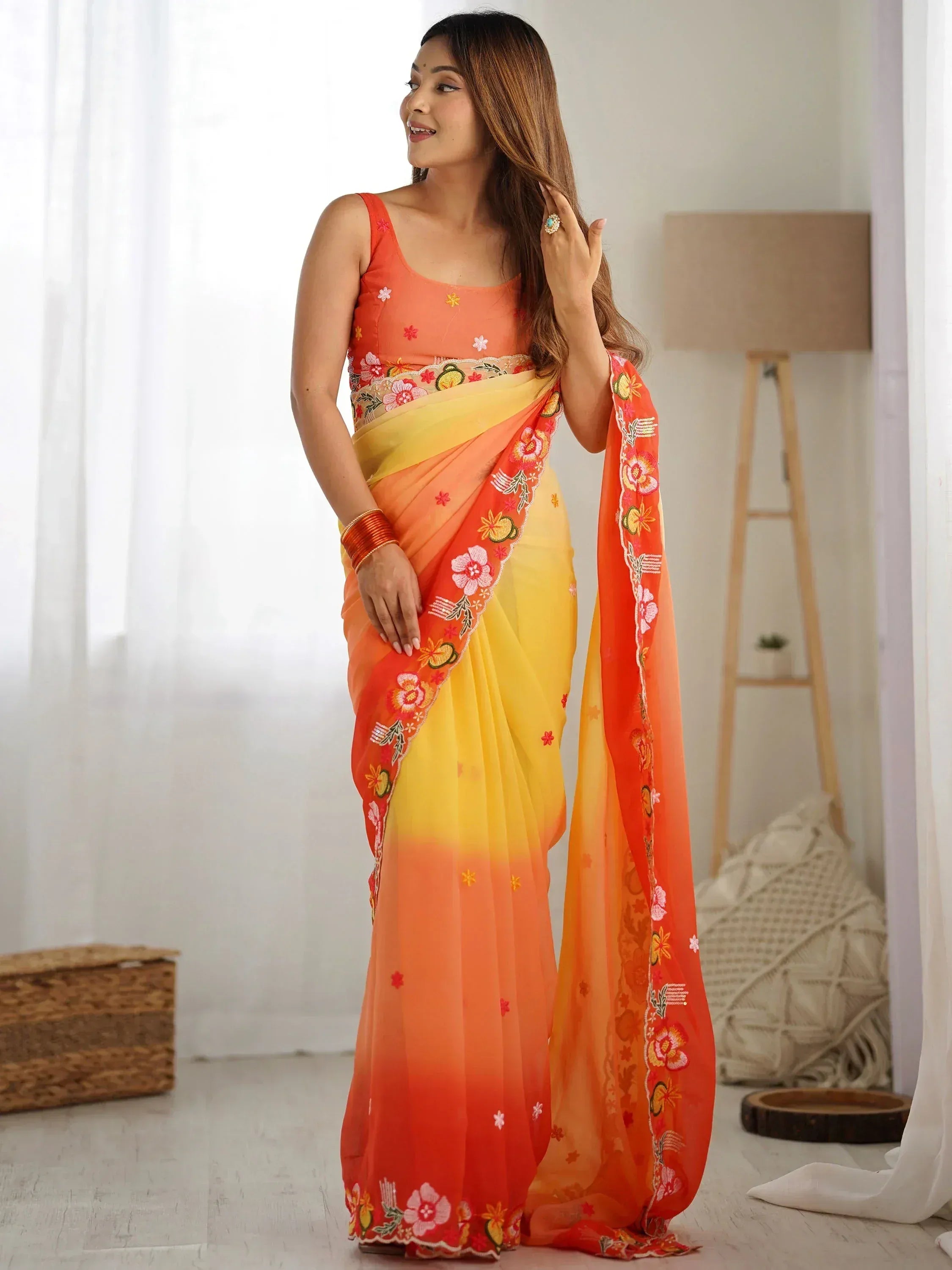 Orange yellow ombre saree with floral embroidery, perfect for Indian ethnic wear occasions