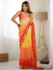 Gorgeous Yellow Thread Embroidered Georgette Casual Wear Saree