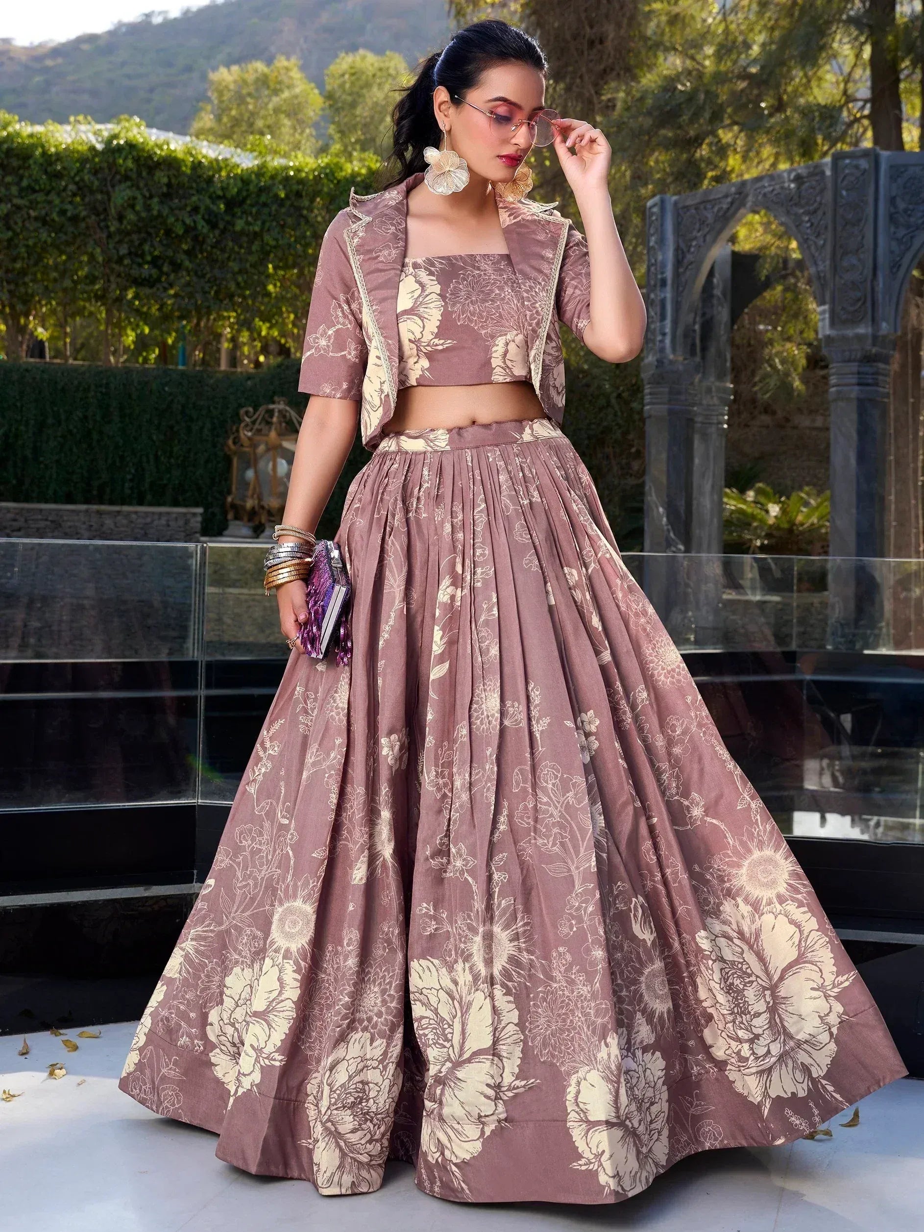 Elegant floral print lehenga choli with matching jacket, perfect for Indian ethnic wear occasions.