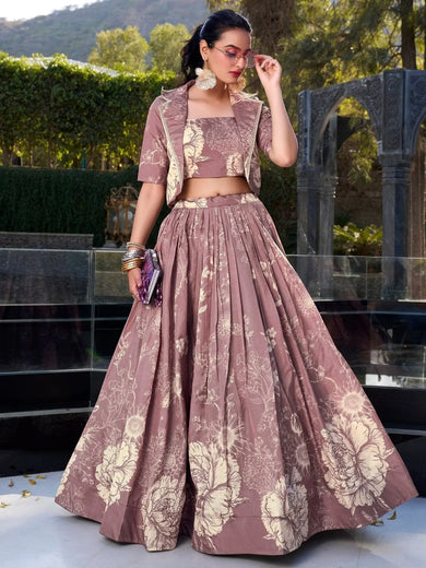 Graceful Mauve Floral Print Tussar Silk Party Wear Crop Top Lehenga With Jacket - Ethnic Plus In