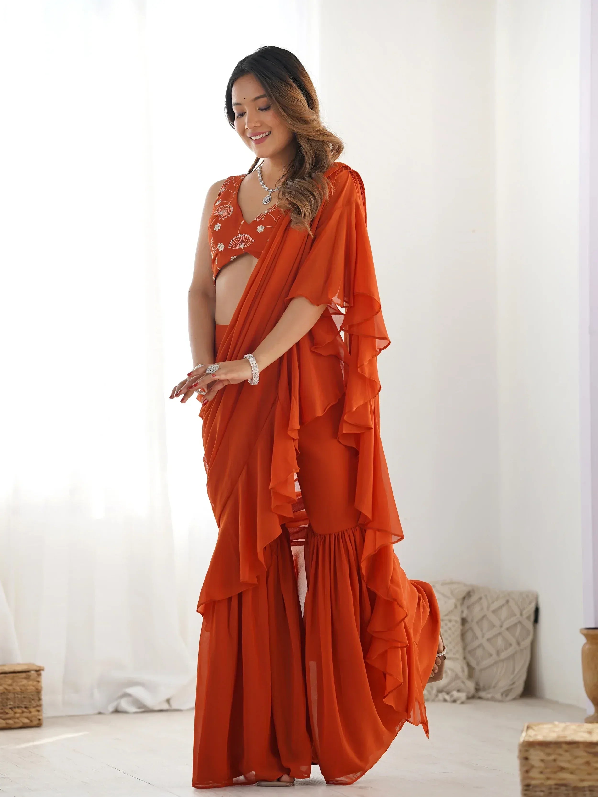Orange ruffle saree with embroidered blouse, ethnic Indian wear for women