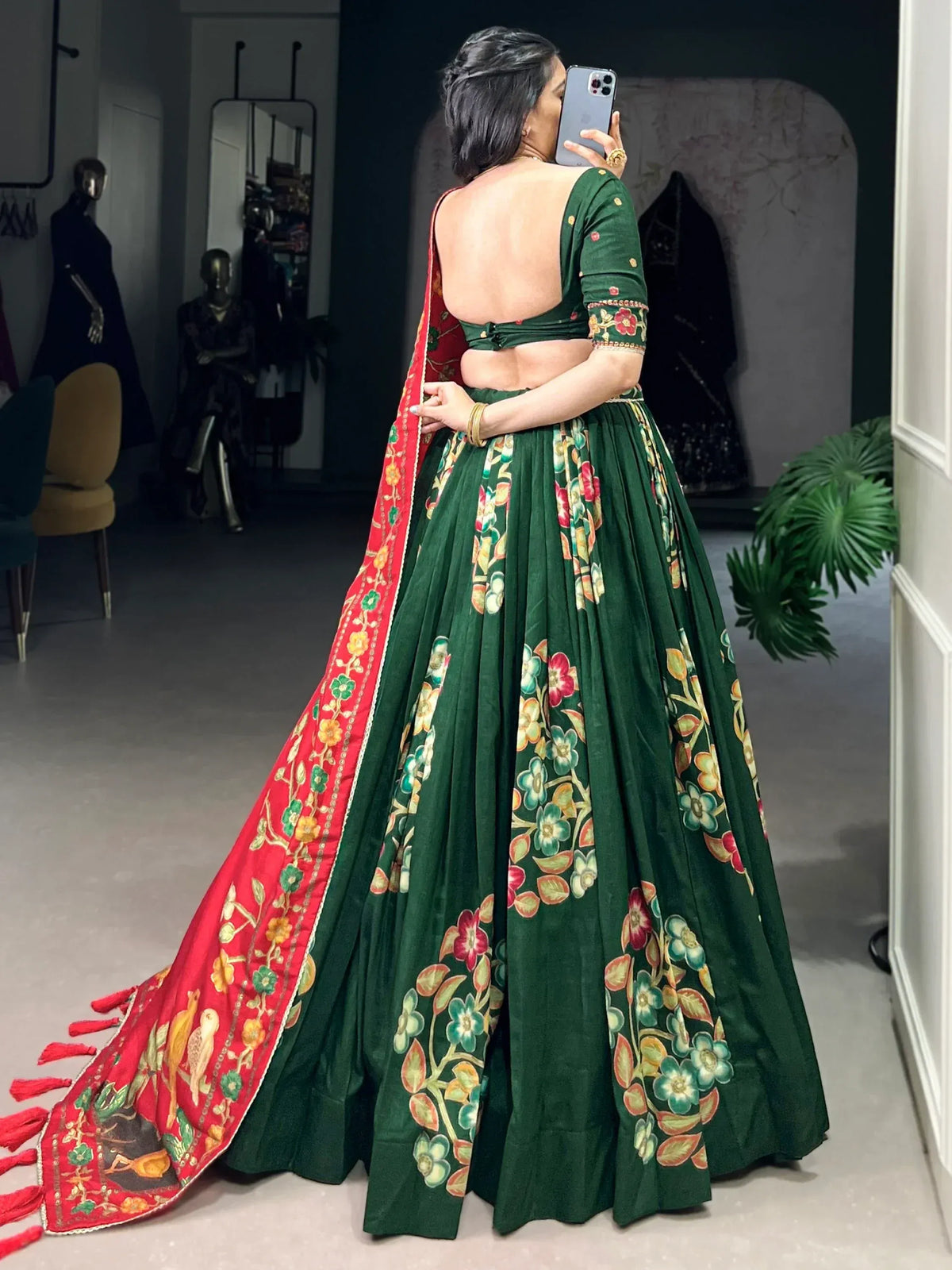 Green floral lehenga choli with red dupatta, backless designer ethnic wear for women