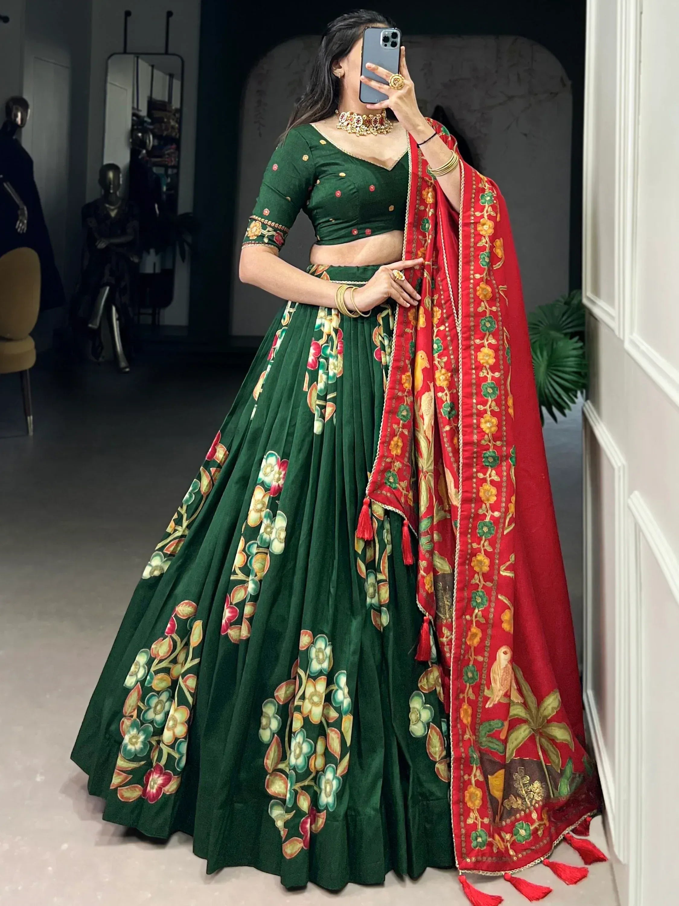 Green floral lehenga choli with red embroidered dupatta, Indian ethnic wear for weddings and festivals