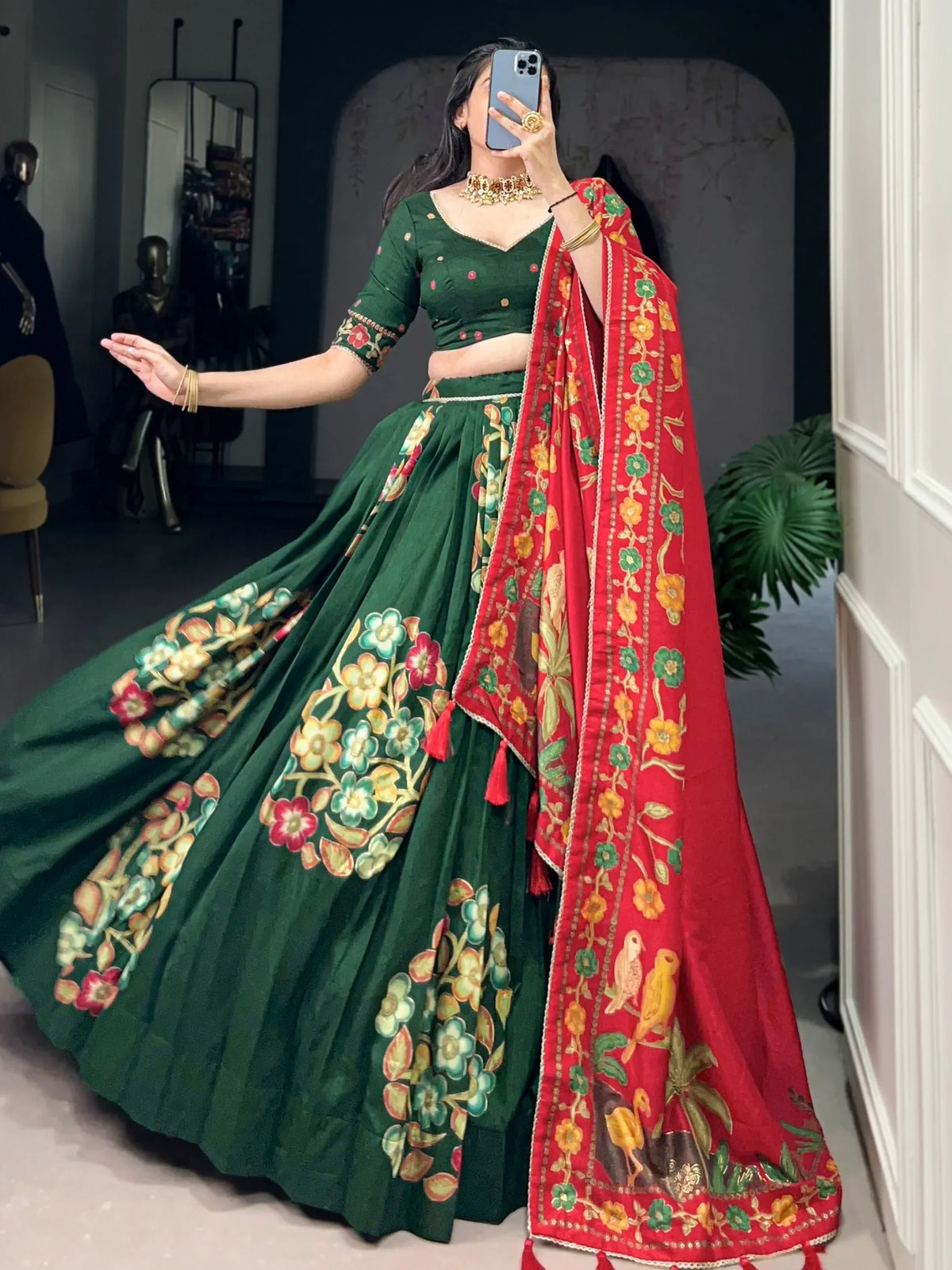 Green floral lehenga choli with red embroidered dupatta, Indian ethnic wear for weddings and festivals
