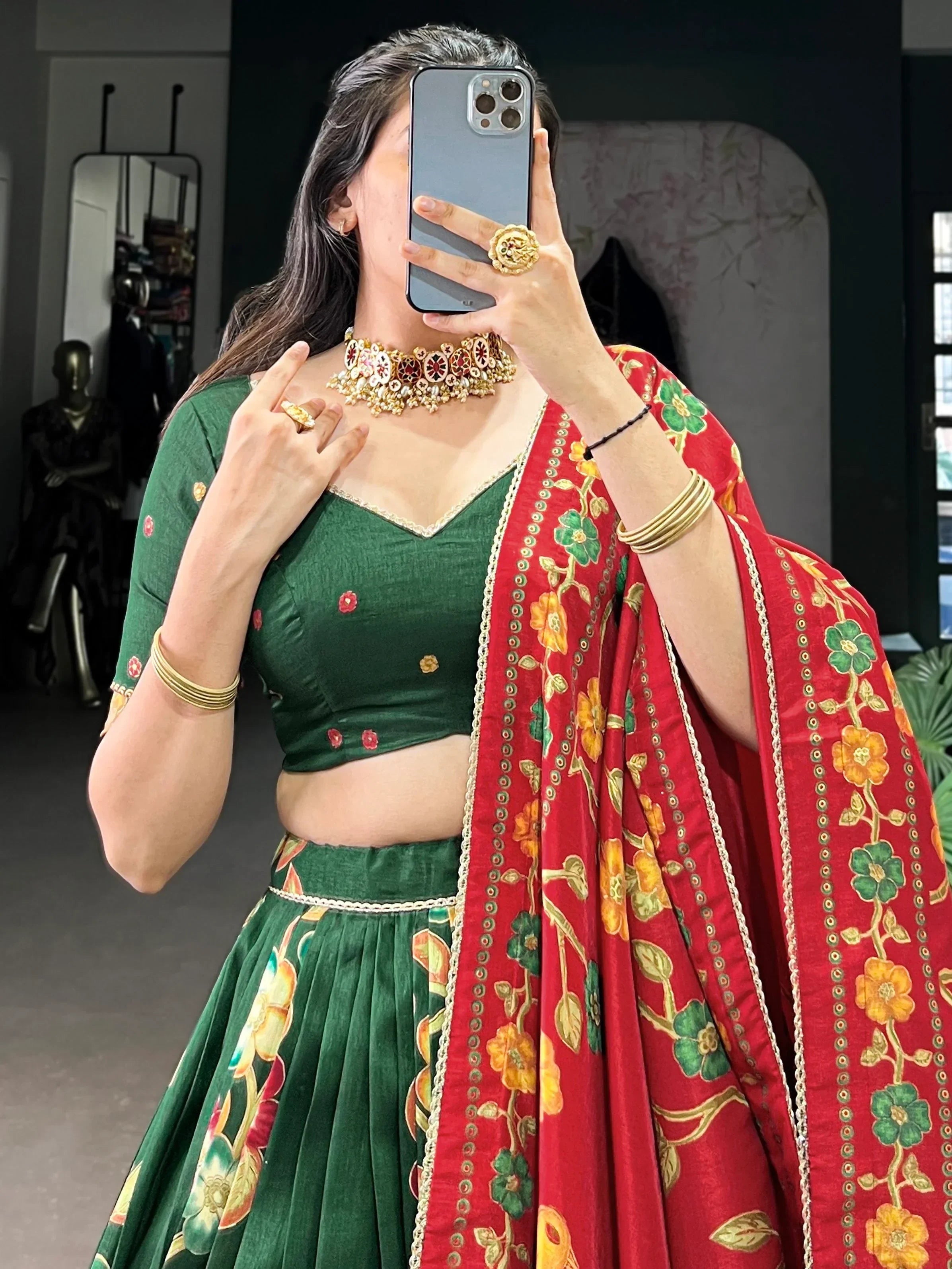 Great Green Foil Work Tussar Silk Mehendi Wear Lehenga Choli - Ethnic Plus In