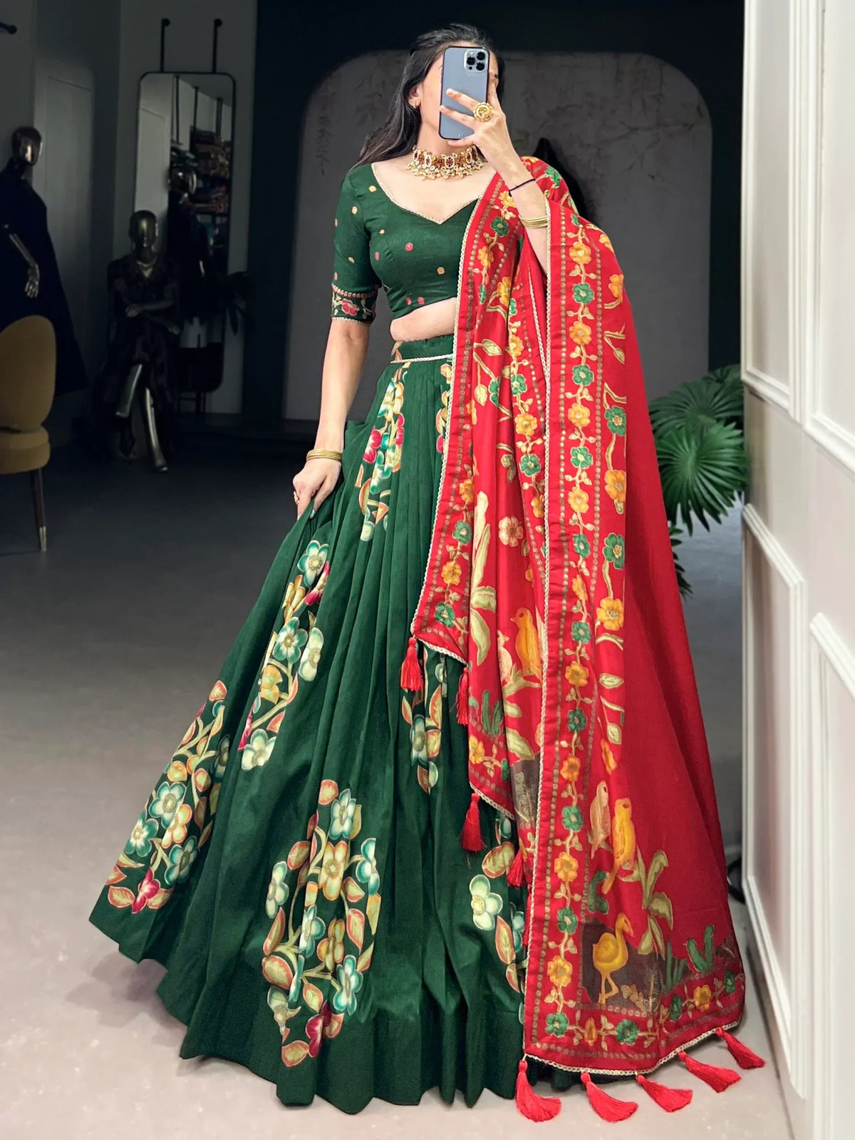 Green floral lehenga choli with red embroidered dupatta, Indian ethnic wear for women