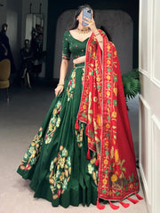 Great Green Foil Work Tussar Silk Mehendi Wear Lehenga Choli - Ethnic Plus In