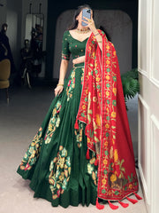 Great Green Foil Work Tussar Silk Mehendi Wear Lehenga Choli - Ethnic Plus In