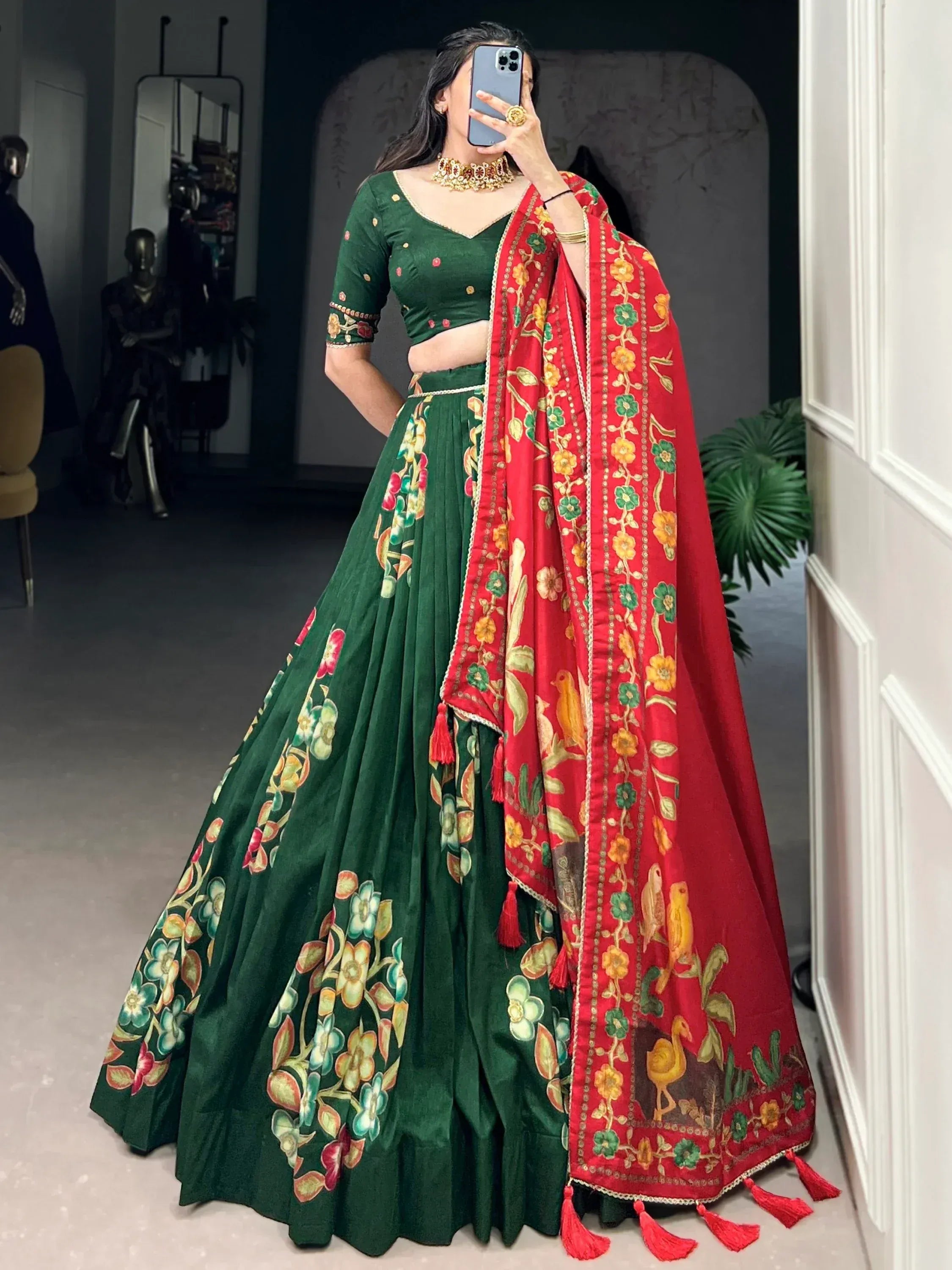 Green floral lehenga choli with red embroidered dupatta, Indian ethnic wear for women