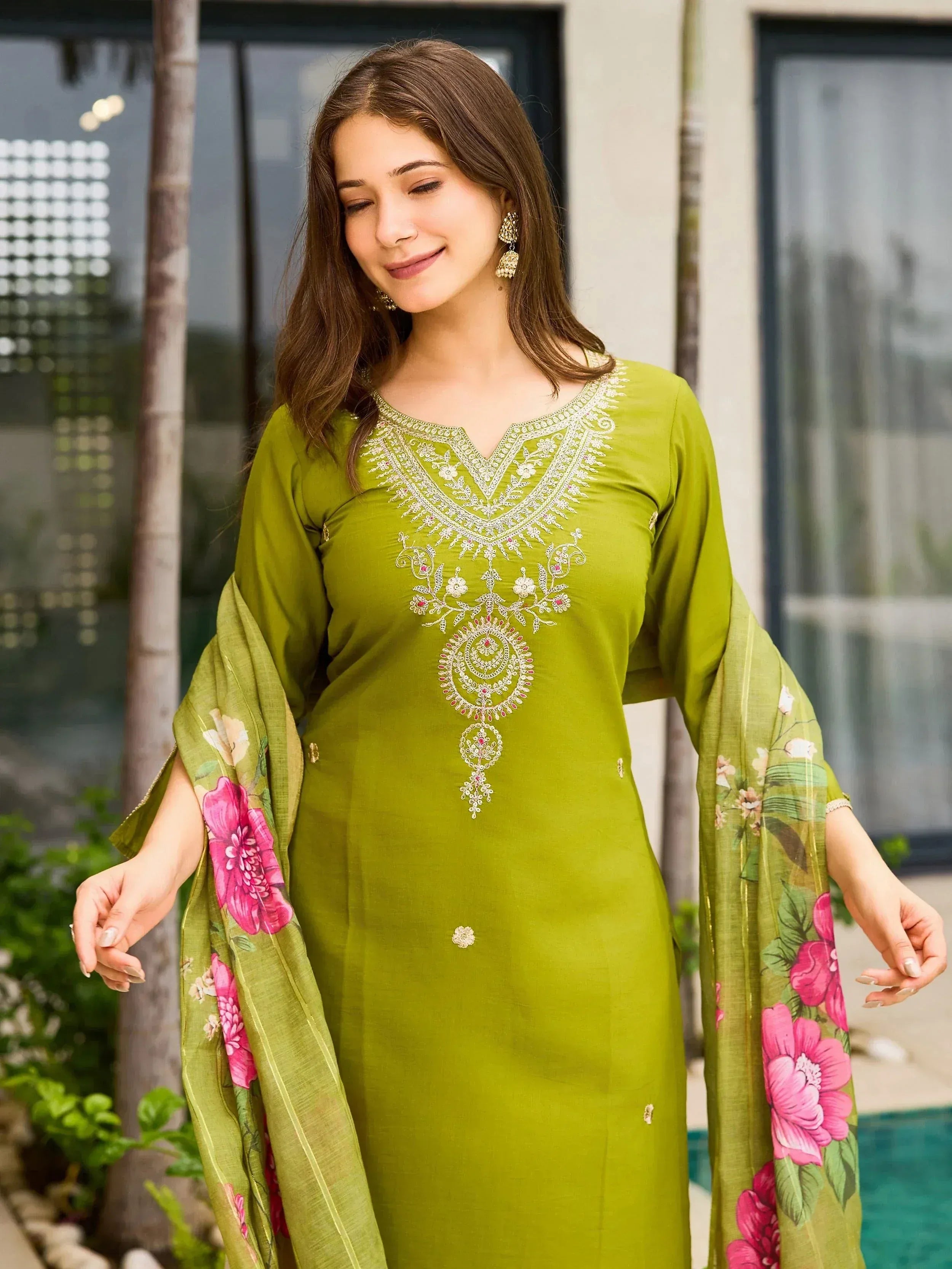Green embroidered kurti with floral dupatta, Indian ethnic wear for women