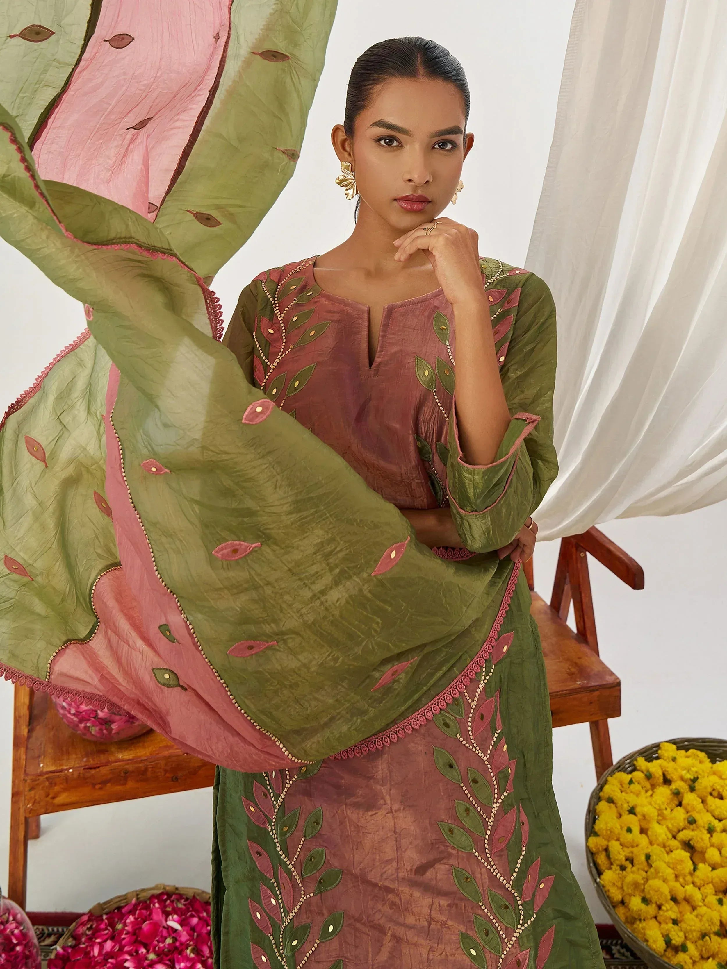 Elegant Indian ethnic wear with leaf embroidery, pink and green dupatta, perfect for festive occasions