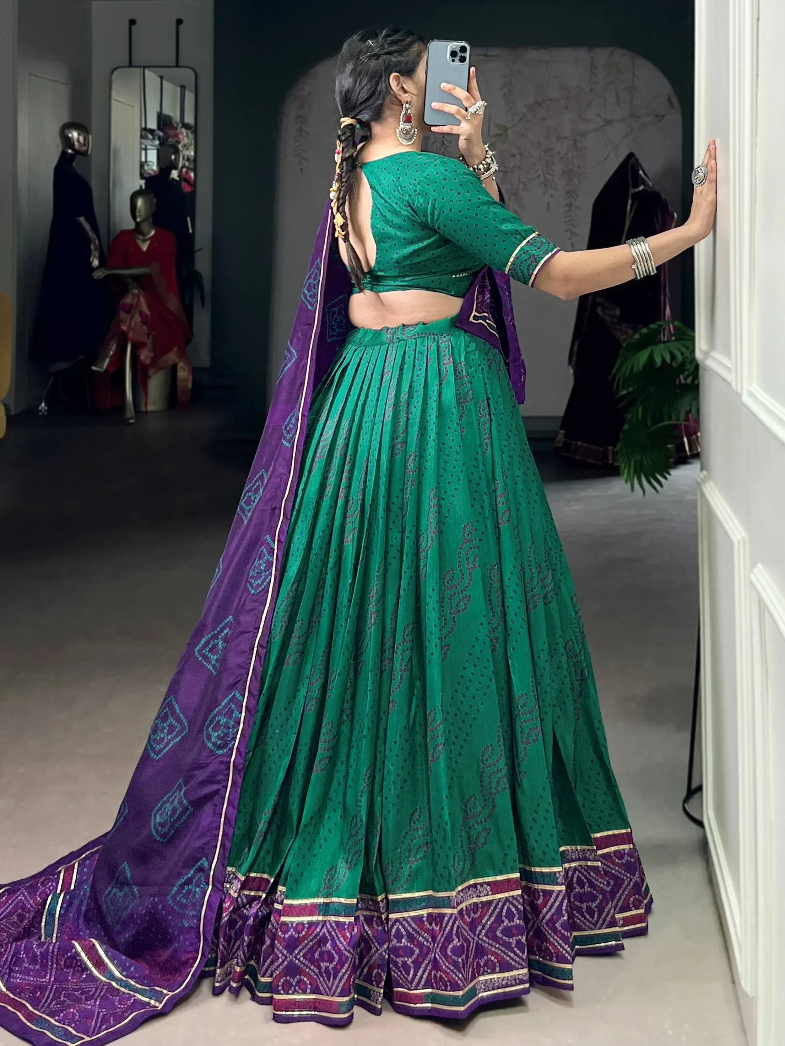 Green printed lehenga choli with purple dupatta, back view, ethnic wear for women