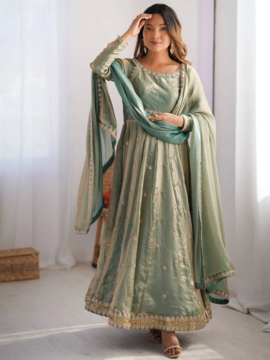 Dazzling Green Coding Work Silk Festive Wear Gown With Dupatta