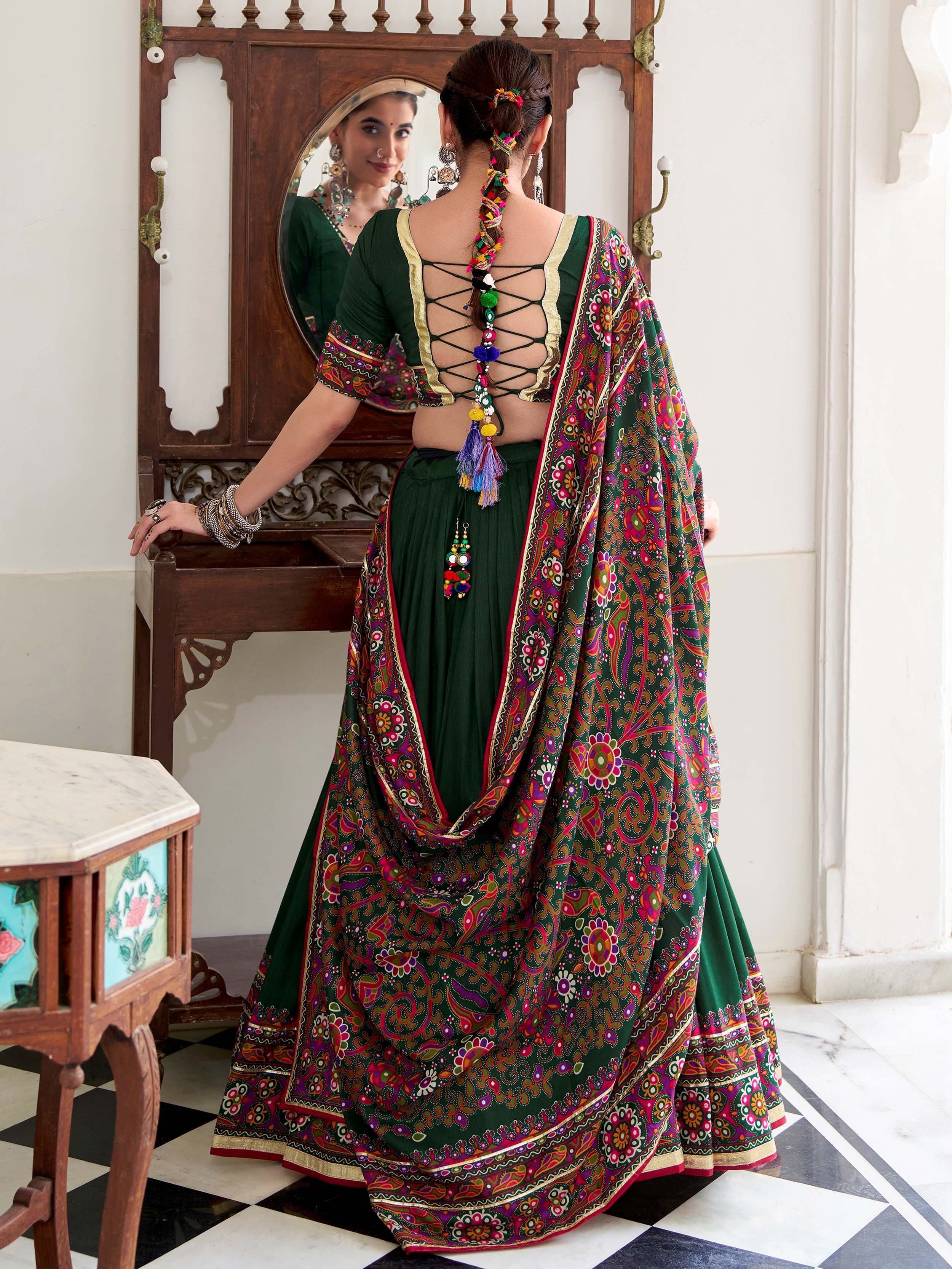 Stunning Green Tussar Silk Printed Lehenga Choli With Dupatta