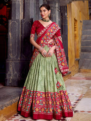 Delicate Sage Green Silk Ikkat Printed Traditional Lehenga Choli