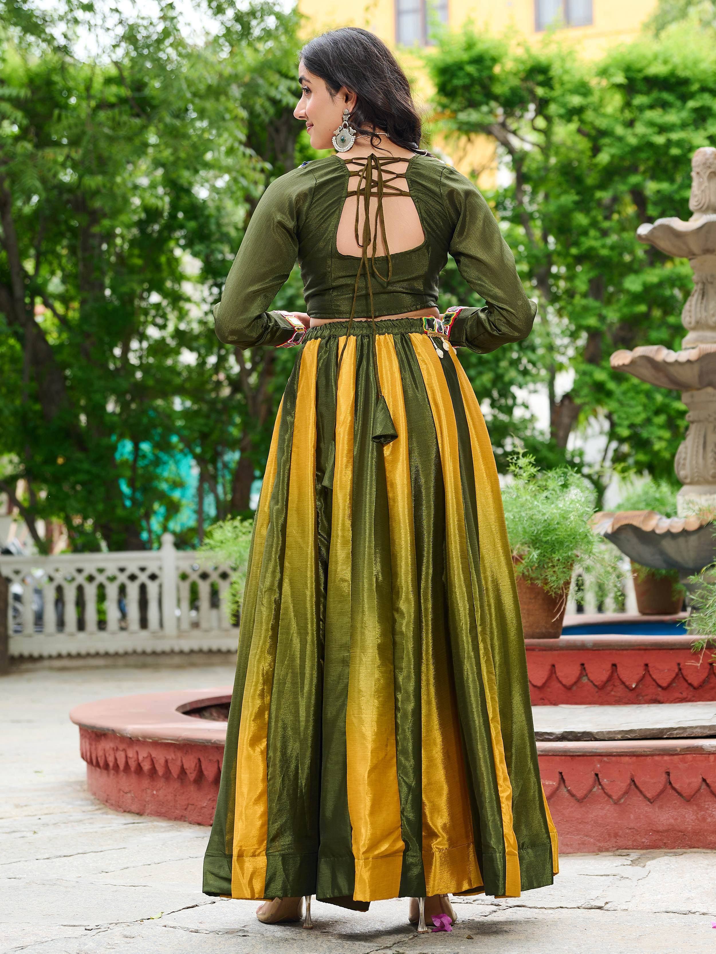 Green and mustard striped ethnic lehenga with back tie blouse, perfect for Indian festive occasions