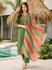 Lovely Green Rayon Sequins Pant Suit With Bandhani Dupatta