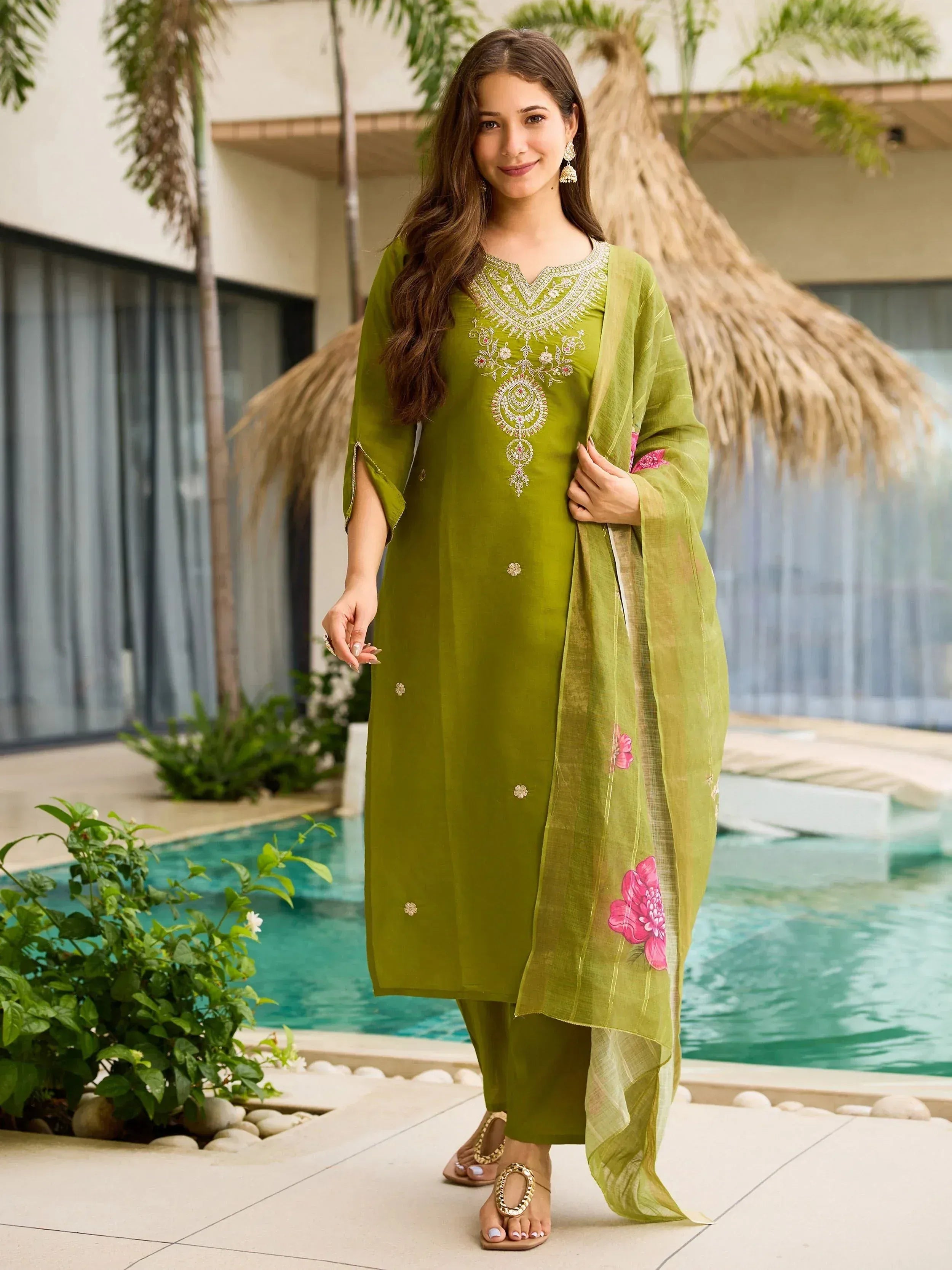 Olive green embroidered salwar kameez with floral dupatta, perfect for ethnic wear occasions