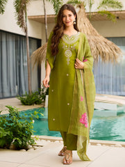 Impressive Green Viscose Embroidered Mehendi Wear Pant Suit