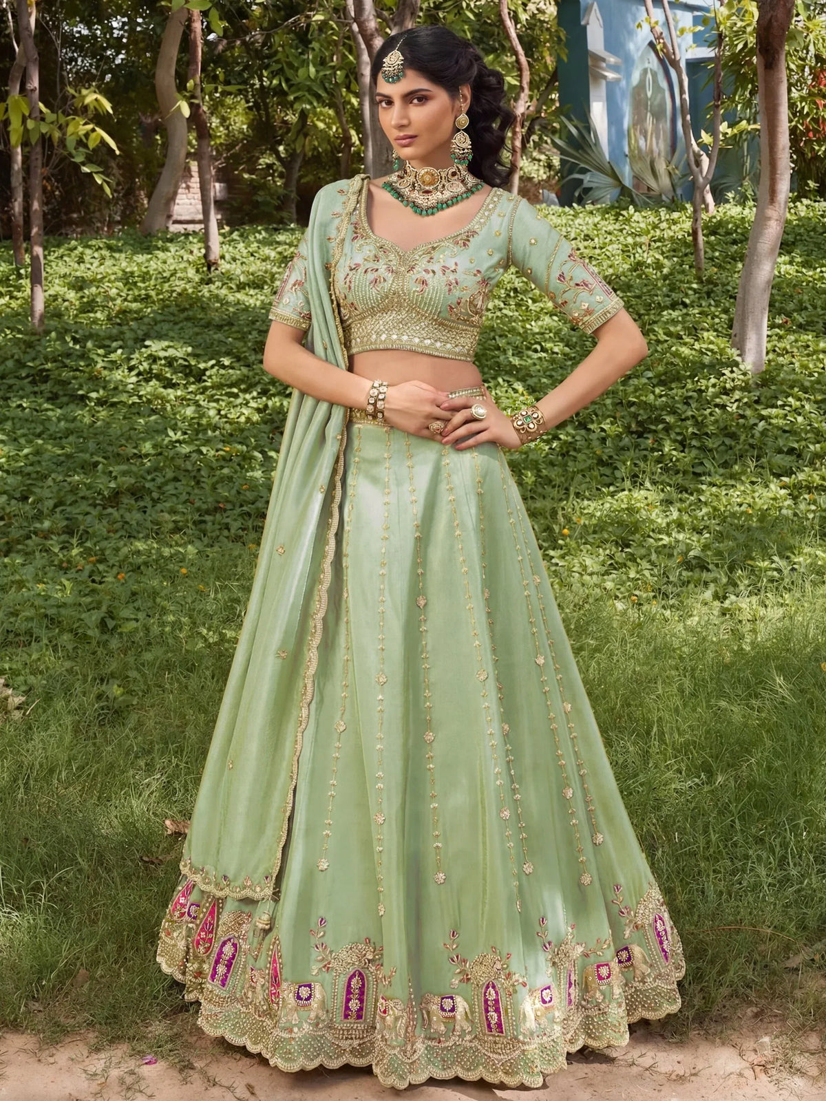 Royal Pista Green Bead Embroidery Silk Mehendi Wear Lehenga Choli