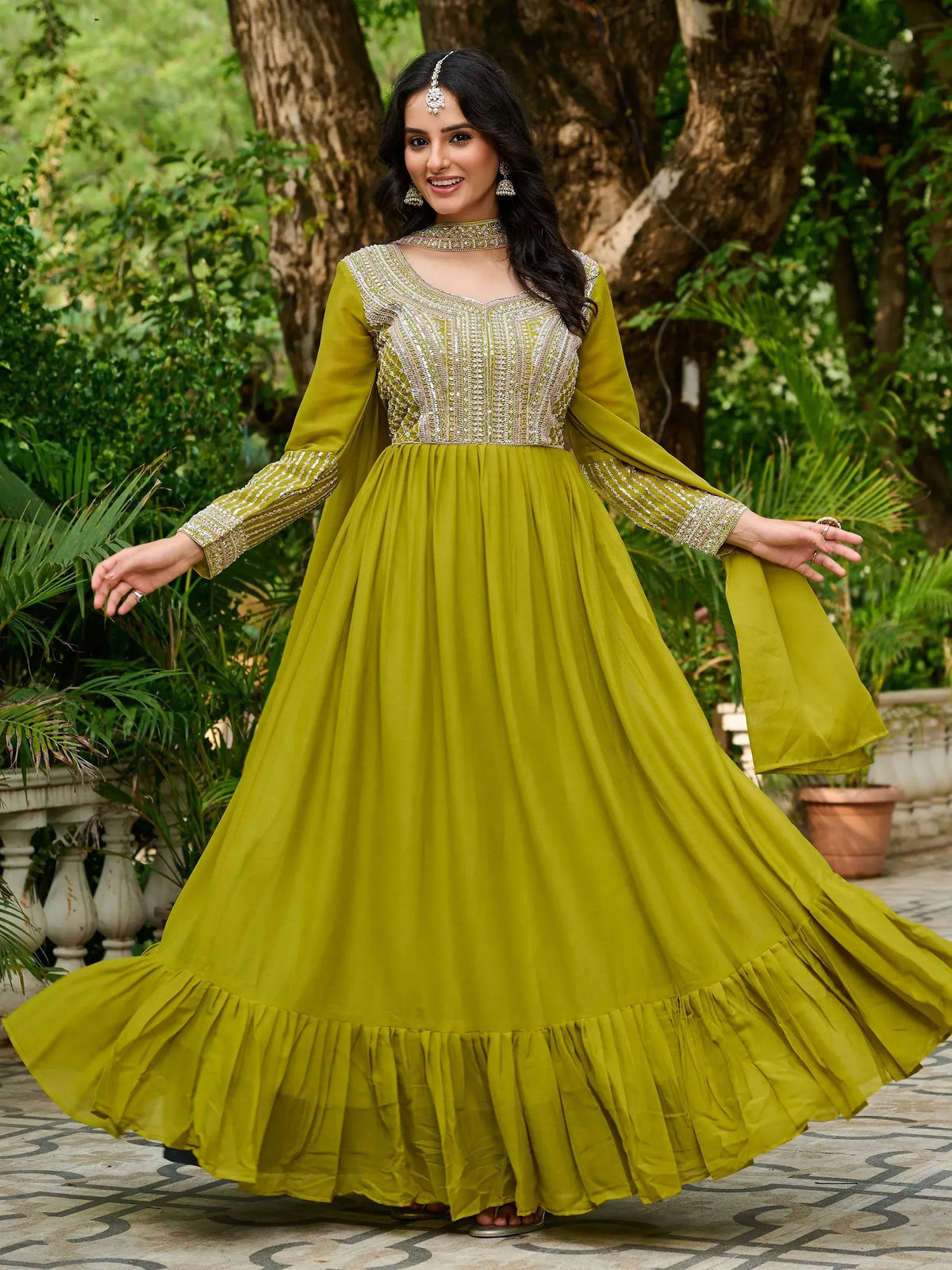 Olive green embroidered anarkali gown with flared skirt, perfect for Indian ethnic occasions